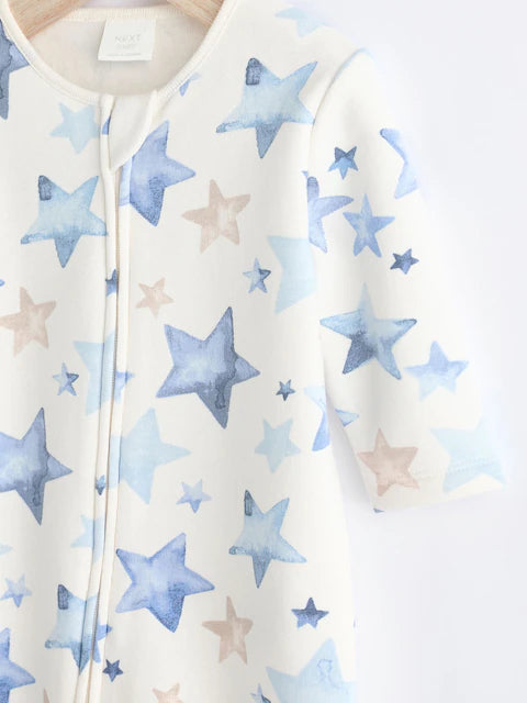 Blue/Cream Star Two Way Zip Fleece Lined Baby Sleepsuit