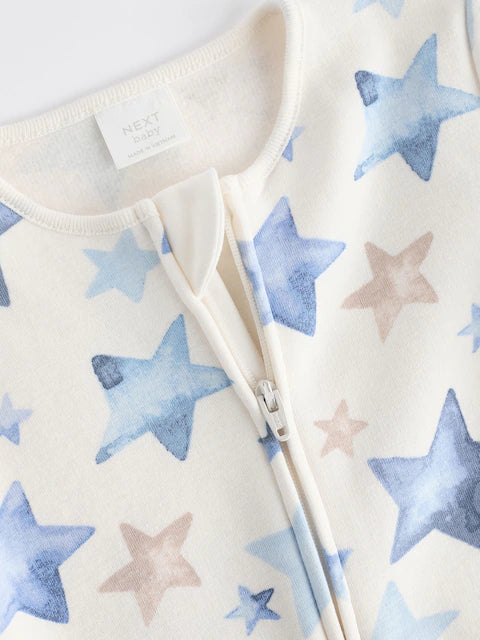 Blue/Cream Star Two Way Zip Fleece Lined Baby Sleepsuit