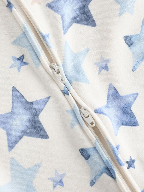 Blue/Cream Star Two Way Zip Fleece Lined Baby Sleepsuit