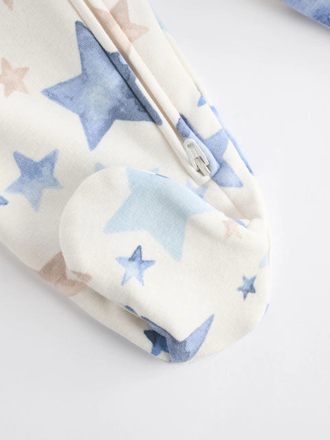 Blue/Cream Star Two Way Zip Fleece Lined Baby Sleepsuit