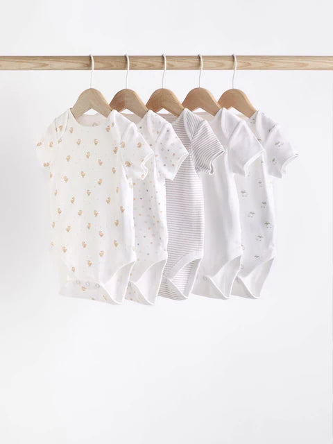 White 5 Pack Baby Short Sleeve Bodysuits