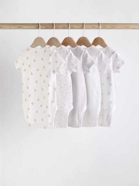 White 5 Pack Baby Short Sleeve Bodysuits