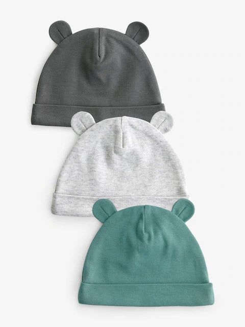 Green/Grey Baby 100% Cotton Beanies 3 Pack