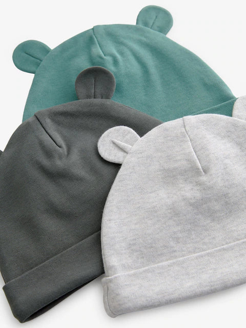 Green/Grey Baby 100% Cotton Beanies 3 Pack