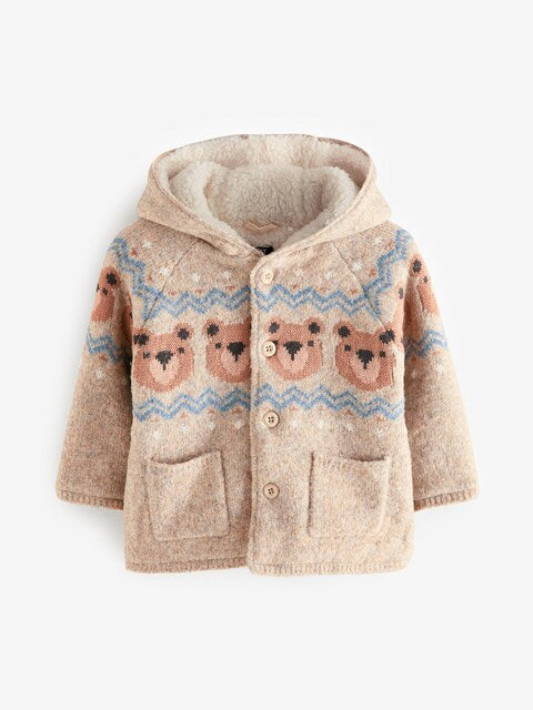 Neutral Bears Hooded Cosy Borg Lined Cardigan