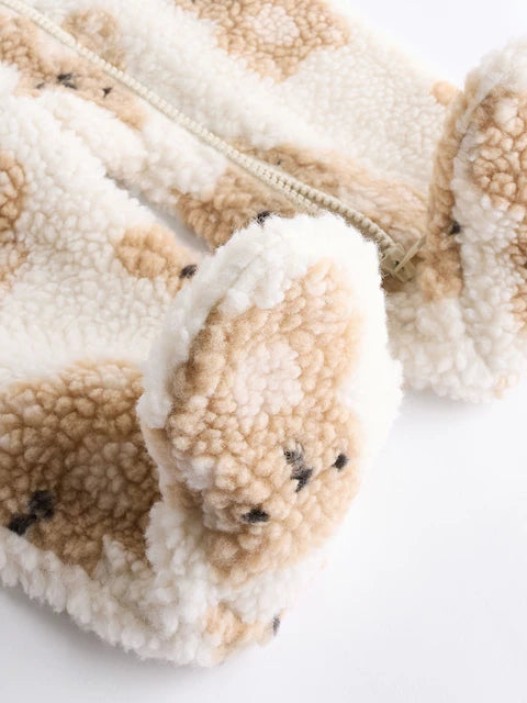 Ecru/Tan Bear Print Cosy Zip Lined Hooded Fleece