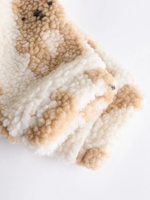 Ecru/Tan Bear Print Cosy Zip Lined Hooded Fleece