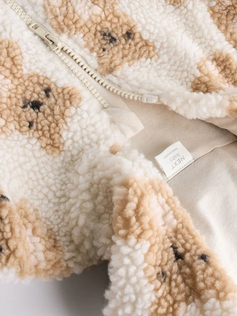 Ecru/Tan Bear Print Cosy Zip Lined Hooded Fleece