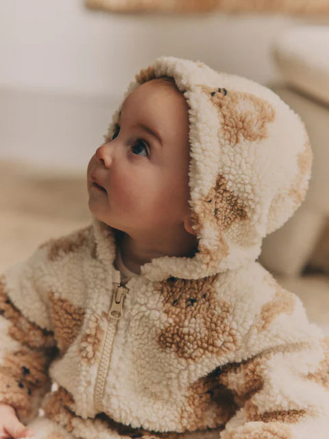 Ecru/Tan Bear Print Cosy Zip Lined Hooded Fleece