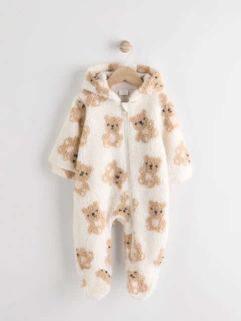 Ecru/Tan Bear Print Cosy Zip Lined Hooded Fleece