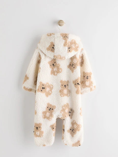 Ecru/Tan Bear Print Cosy Zip Lined Hooded Fleece