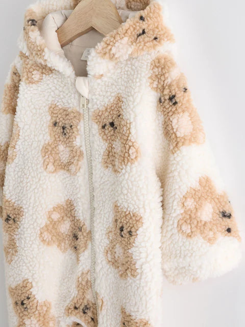 Ecru/Tan Bear Print Cosy Zip Lined Hooded Fleece