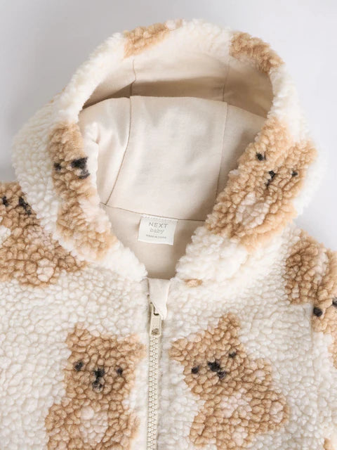 Ecru/Tan Bear Print Cosy Zip Lined Hooded Fleece