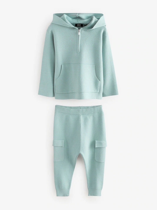 Blue Knitted Zip Neck Utility Hoodie and Joggers Set
