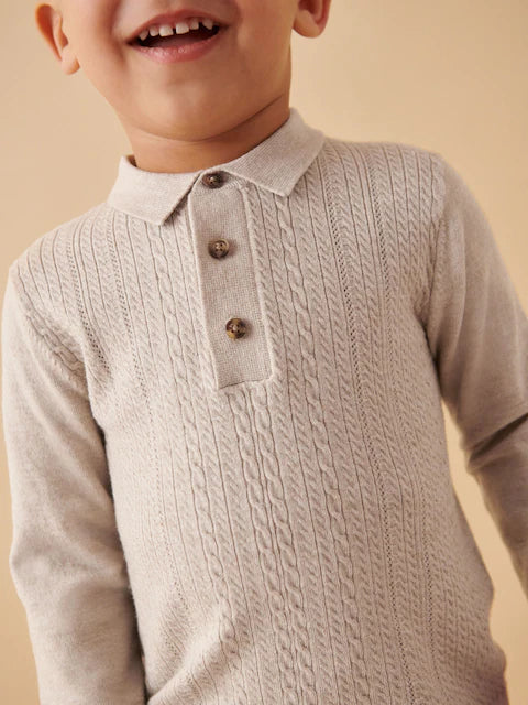 Ecru Long Sleeve Cable Polo Shirt