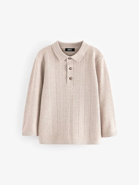 Ecru Long Sleeve Cable Polo Shirt