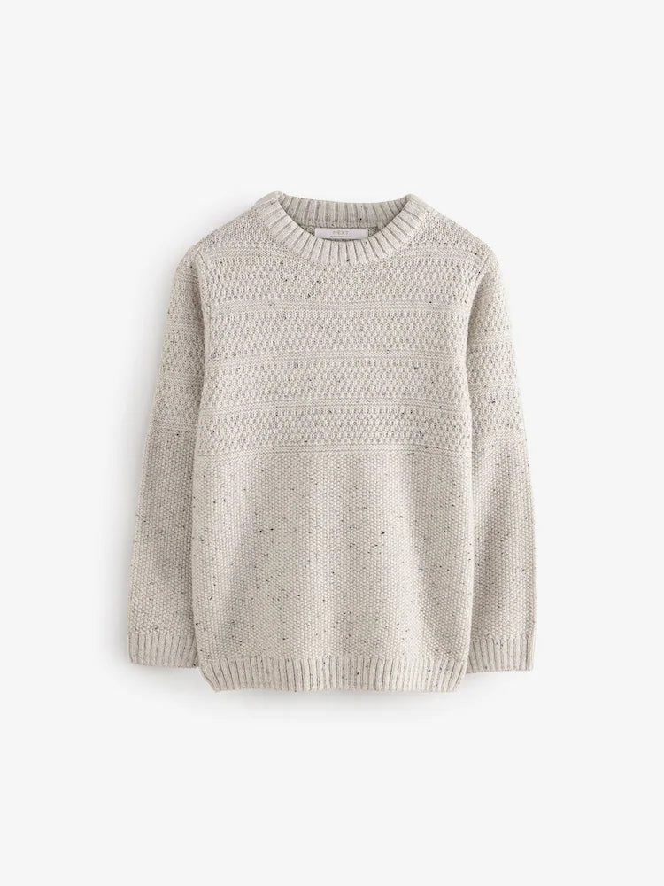Neutral Grey Textured Crew Neck Jumper