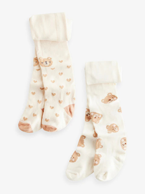 Cream/Oatmeal Bear Baby Tights 2 Pack