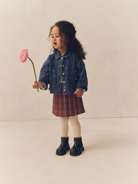 Red Denim Shirt and Check Skirt Set
