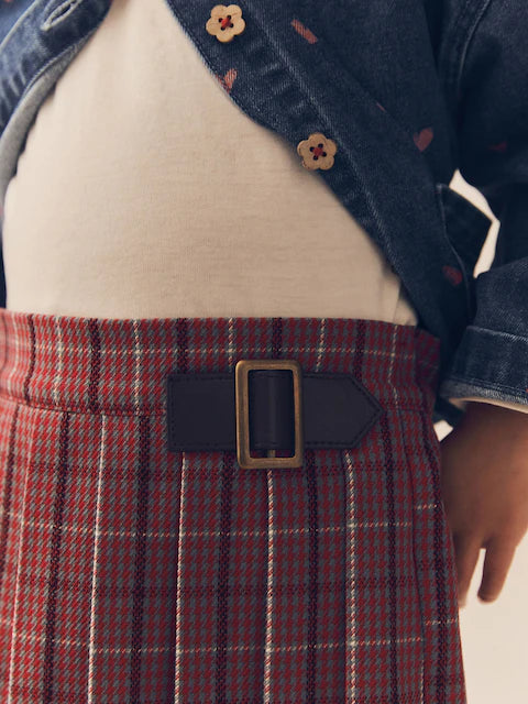 Red Denim Shirt and Check Skirt Set