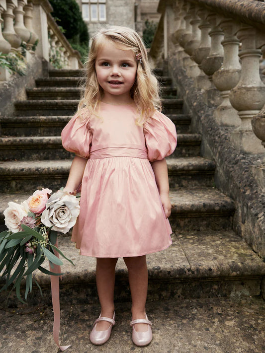 Pink Girl Taffeta Flower Print Bow Dress