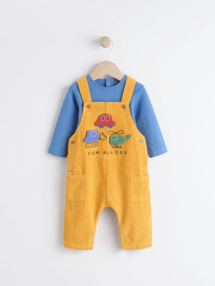 Bright Transport Corduroy 100% Cotton Baby Dungarees and Bodysuit
