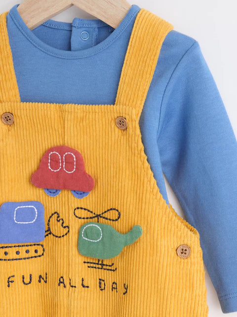 Bright Transport Corduroy 100% Cotton Baby Dungarees and Bodysuit