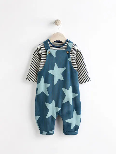 Navy Blue Star Jersey Baby Dungarees And Bodysuit Set