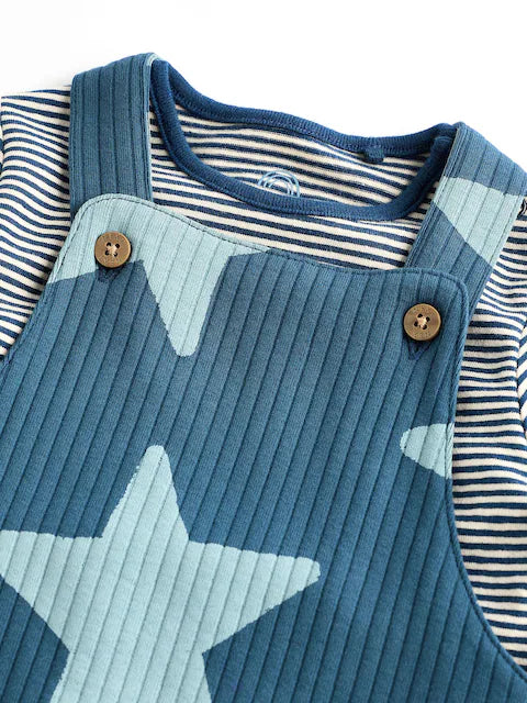 Navy Blue Star Jersey Baby Dungarees And Bodysuit Set
