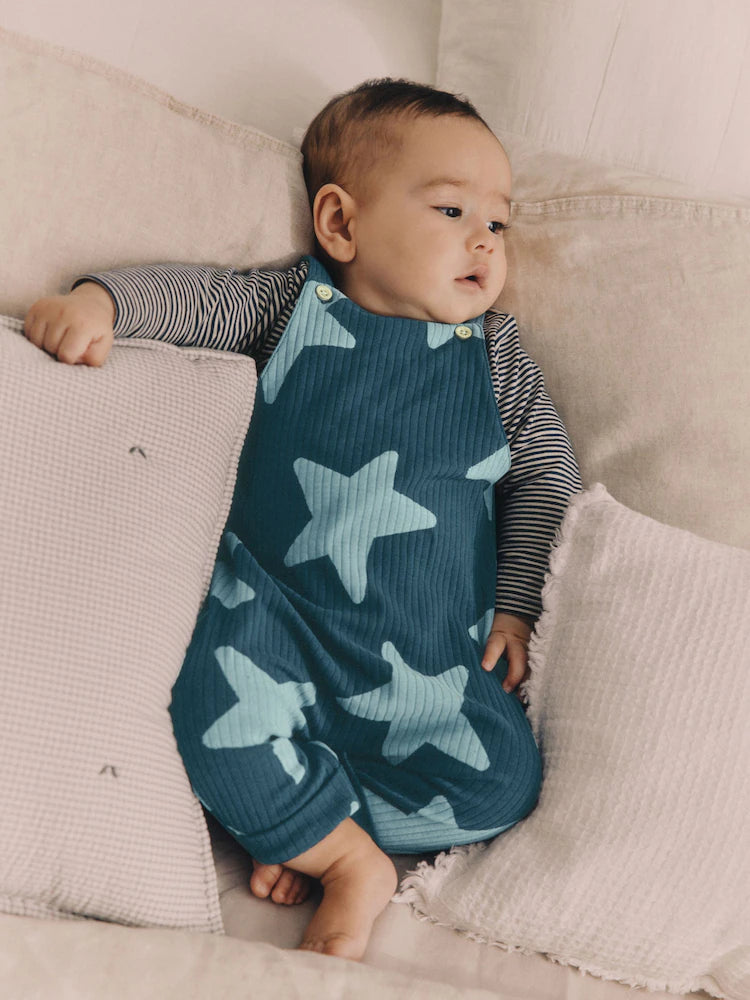 Navy Blue Star Jersey Baby Dungarees And Bodysuit Set