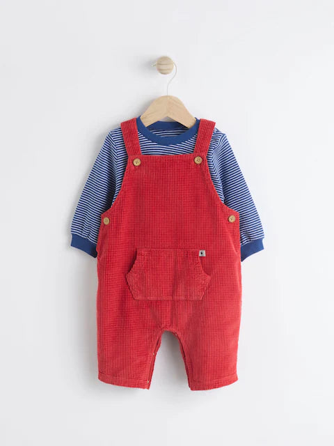 Red Baby Waffle Corduroy Dungaree and Bodysuit Set