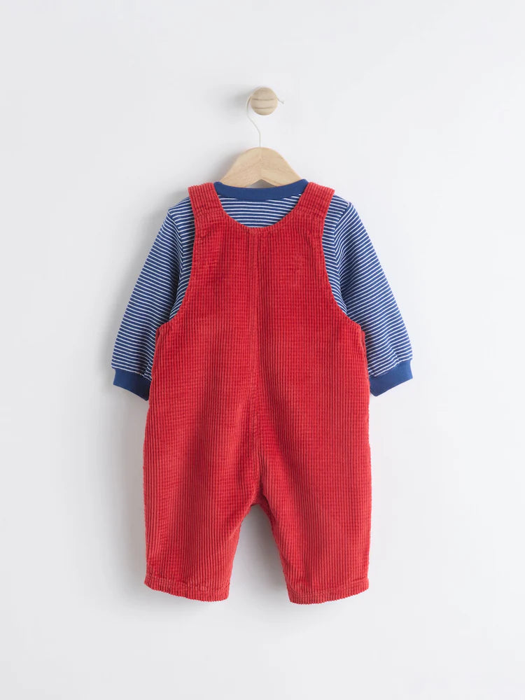Red Baby Waffle Corduroy Dungaree and Bodysuit Set