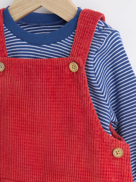 Red Baby Waffle Corduroy Dungaree and Bodysuit Set