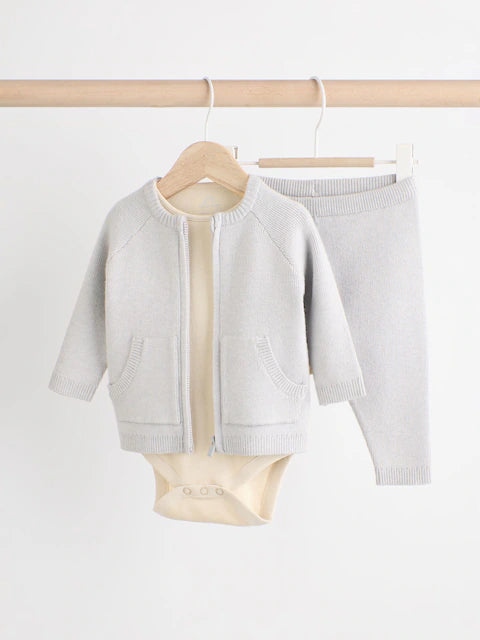 Grey Knit Zip 100% Cotton Jumper and Joggers 3 Piece Set