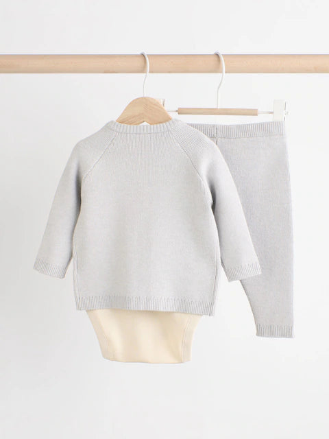 Grey Knit Zip 100% Cotton Jumper and Joggers 3 Piece Set