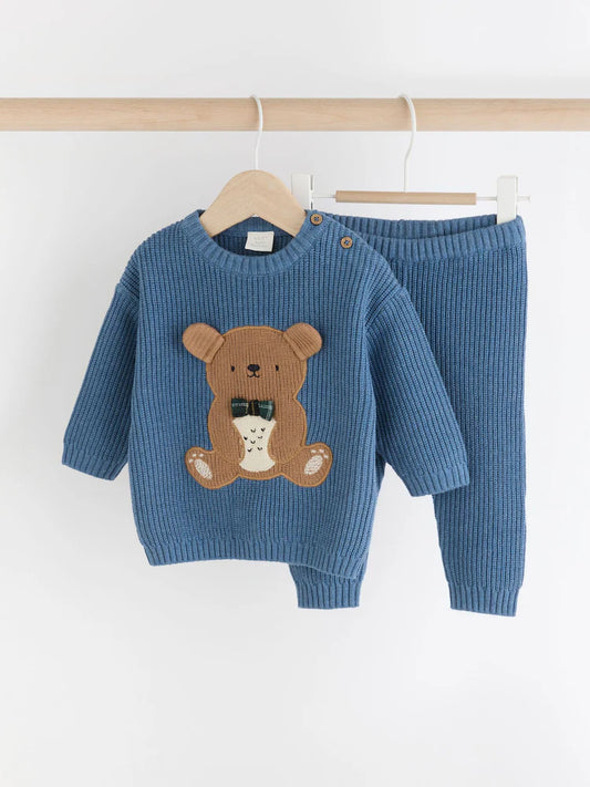 Blue Bear Baby Knitted Top and Leggings Set