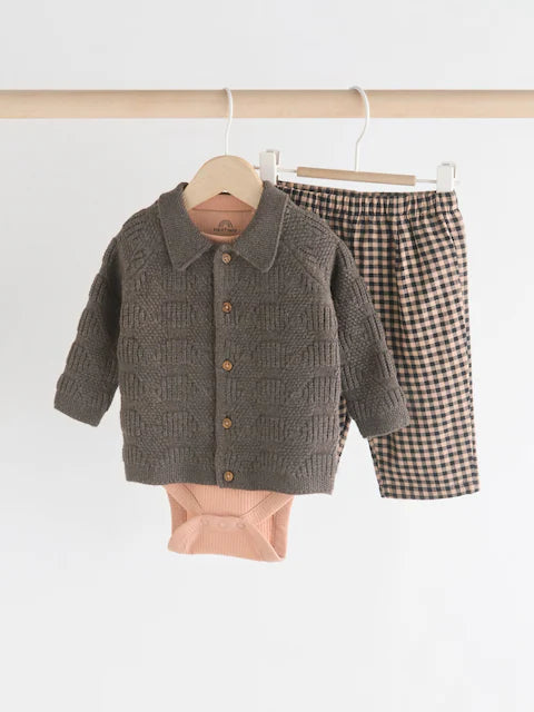 Brown Check Baby 100% Cotton Knitted Jumper and Trousers 3 Piece Set
