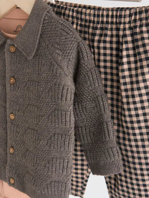 Brown Check Baby 100% Cotton Knitted Jumper and Trousers 3 Piece Set