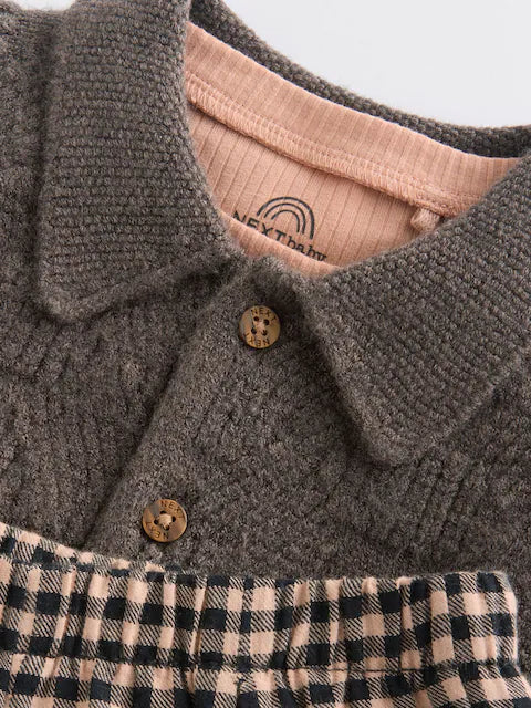 Brown Check Baby 100% Cotton Knitted Jumper and Trousers 3 Piece Set