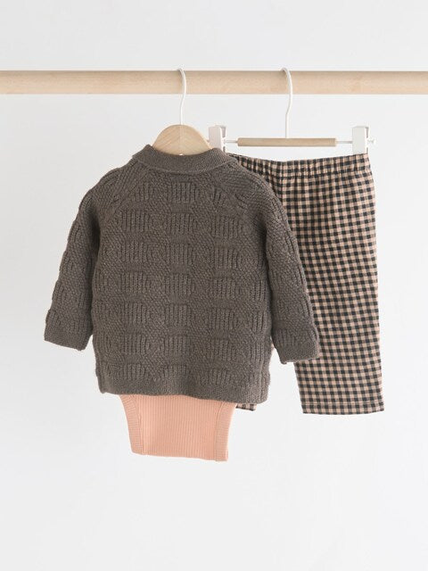Brown Check Baby 100% Cotton Knitted Jumper and Trousers 3 Piece Set