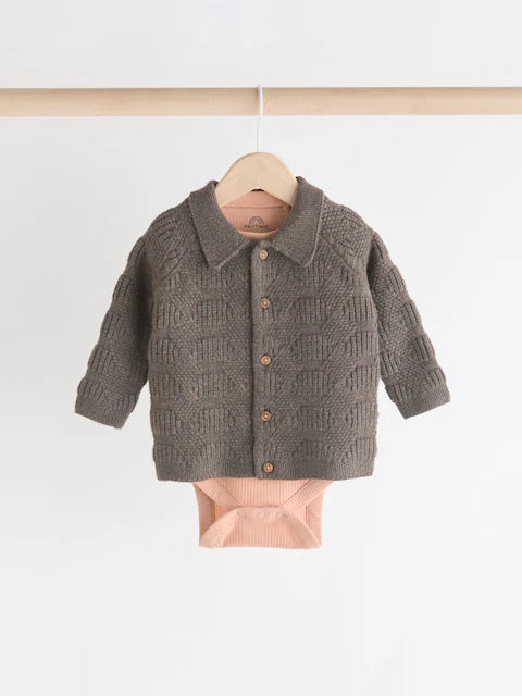 Brown Check Baby 100% Cotton Knitted Jumper and Trousers 3 Piece Set