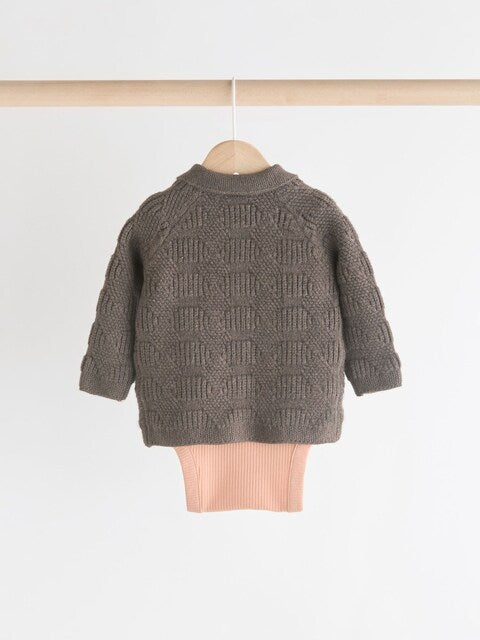 Brown Check Baby 100% Cotton Knitted Jumper and Trousers 3 Piece Set