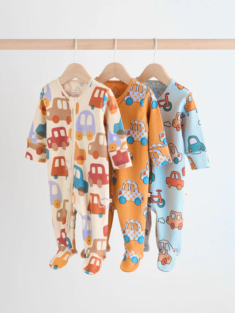 Bright 2 Way Zip Cars Sleepsuits 3 Pack