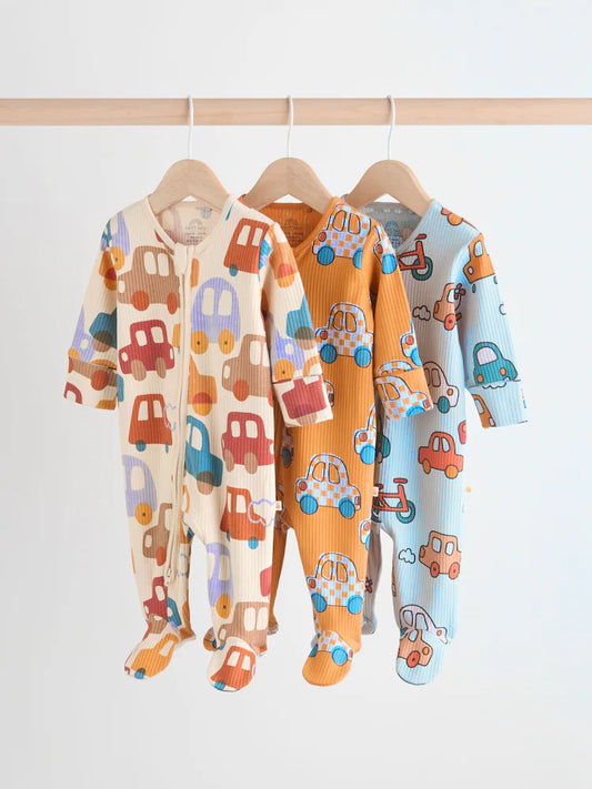 Bright 2 Way Zip Cars Sleepsuits 3 Pack