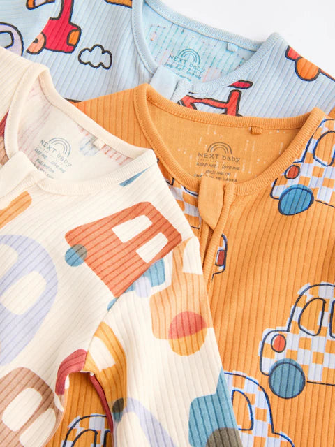 Bright 2 Way Zip Cars Sleepsuits 3 Pack