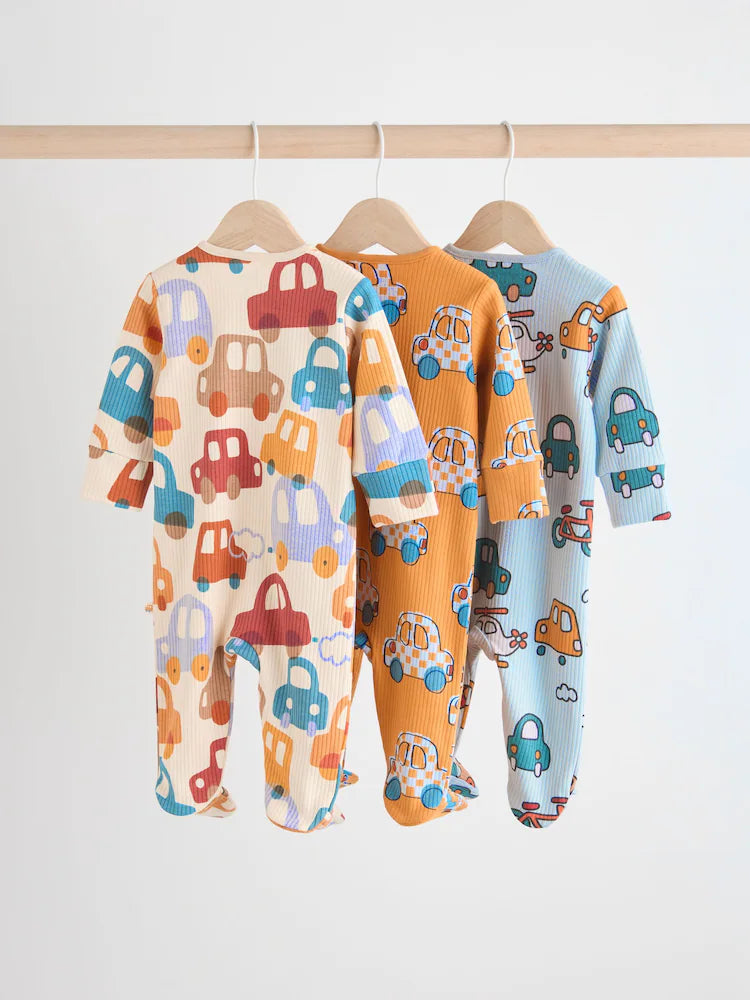 Bright 2 Way Zip Cars Sleepsuits 3 Pack