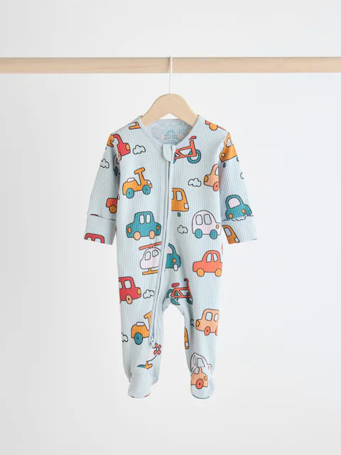 Bright 2 Way Zip Cars Sleepsuits 3 Pack