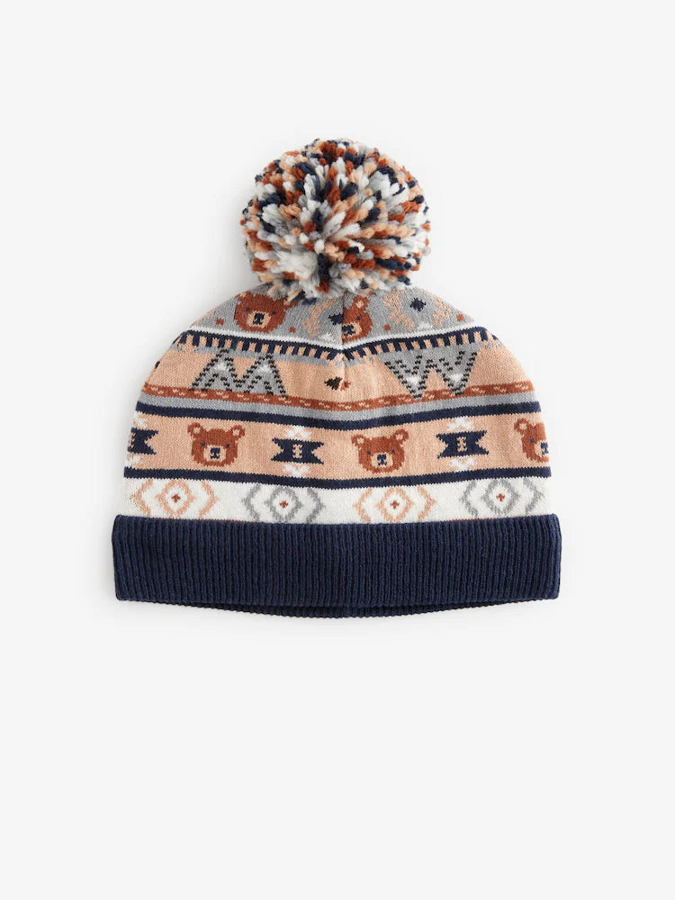 Blue/Brown Bear Baby Pom Knitted Hat