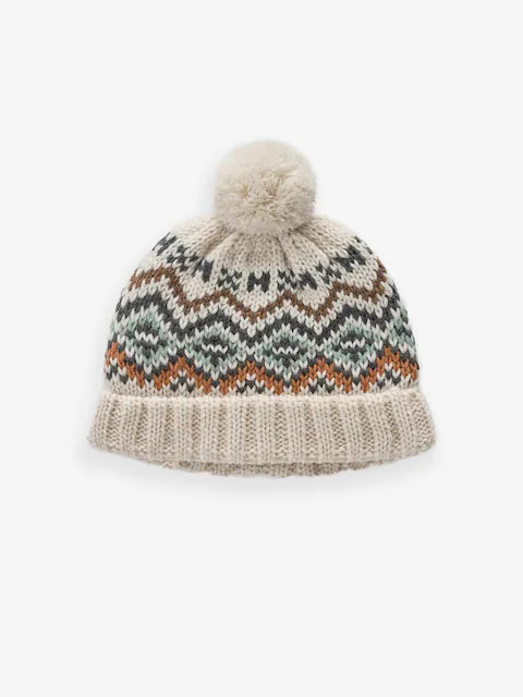 Ecru Cream Fairisle Pattern Baby Knitted Pom Hat