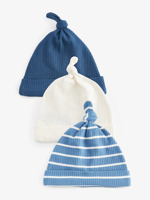 Blue/Cream Baby 100% Cotton Bibs & Caps 3 Pack